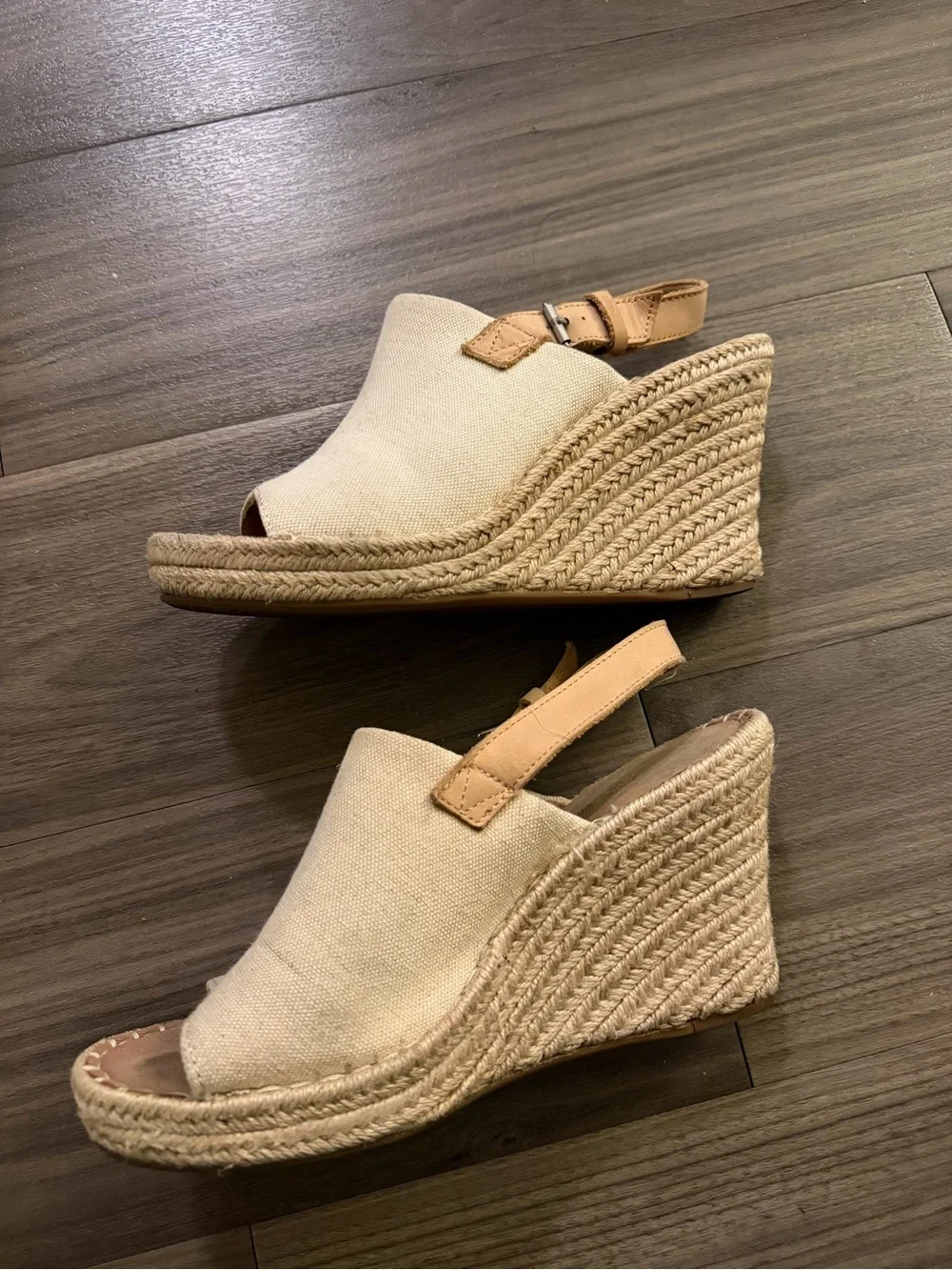Toms Cream Canvas Wedge Espadrilles with Tan Strap